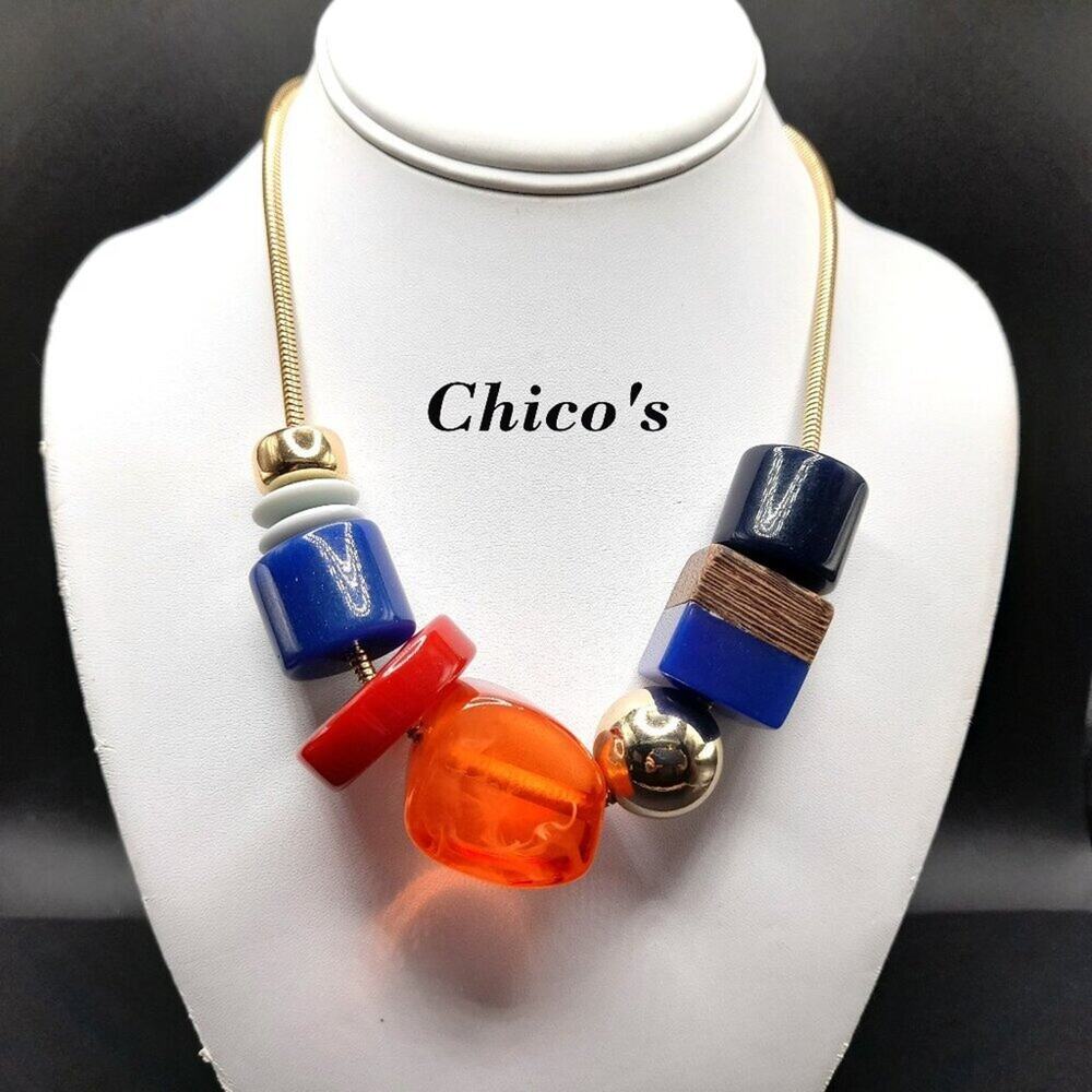 Chico's Chunky Acrylic Bead Necklace, Gold Tone Snake Chain, 22 Inches